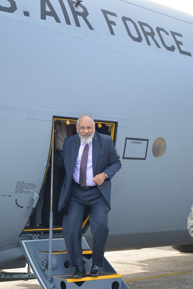 Northern Province Chief Minister C.V.Wigneswaran emerging from an USAF flying hospital at the Palaly airbase in Jaffna   