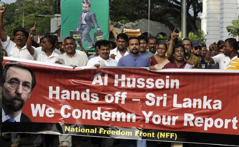 Opposition Sinhalese group led by Wimal Weerawansa MP demonstrates against UN Human Rights Commissioner Prince Zeid's visit to Sri Lanka in February 2016.