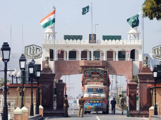 Afghan goods lorry waiting to cross into India at the Pakistan-India border at Wagah 
