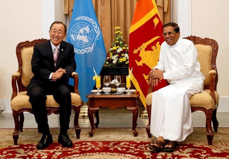 Secretary-General of the United Nations Ban Ki-moon (L) shares a moment with Sri Lanka's President Maithripala Sirisena at their meeting during Ban's three-day official visit, in Colombo, Sri Lanka, September 1, 2016, REUTERS/Dinuka Liyanawatte