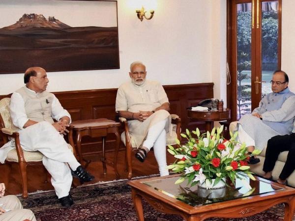 Indian Home Minister Rajnath Singh, Prime Minister Narendra Modi and Finance Minister Arun Jaitley in deep thought over the terrorist strike at Uri army base