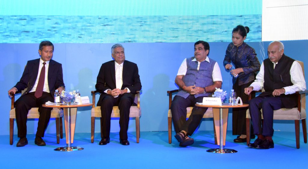 Ranil Wickremesinghe with Sigapore Foreign Minister Vivian Balakrishnan, Indian Transport and Shipping Minister Nitin Gadkari and Junior Indian External Affairs Minister M.J.Akbar. at the Indian Ocean 2016, conference in Singapore, Sept 1, 2016
