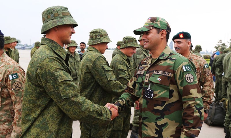 Russian and Pakistani military personnel greet each other to India's chagrin 