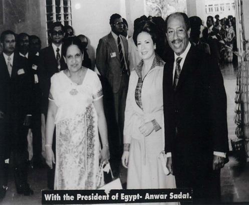 Sri Lankan Prime Minister Sirimavo Bandaranaike with Egyptian President Anwar Sadat at the Cairo NA Msummit in 1964 