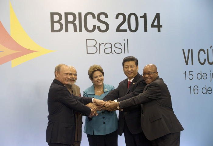 Leaders of Russia, India, Brazil, China and South Africa display bonhomie at  the BRICS summit in Brazil in 2014   