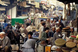 Busy city street, market in Peshawar, Pakistan. 