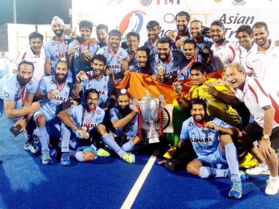 Triumphant Indian pose after beating Pakistani 3-2 it the Champion's Trophy final at Kuantan, Malaysia 