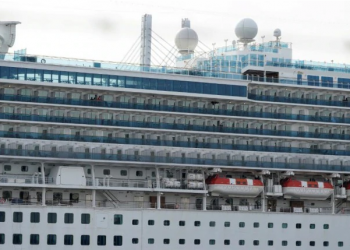 A cruise ship that's been quarantined in Yokohama harbor in Japan.(AP Photo)