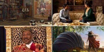 Clockwise from top left: Wally Wolodarsky, Bill Murray and Owen Wilson in The French Dispatch; ​Adarsh Gourav and Priyanka Chopra in White Tiger; Raya and the Last Dragon; Eddie Murphy in Coming 2 America Credit - Searchlight Pictures; Tejinder Singh Khamkha—Netflix; Disney/Everett Collection; Amazon Studios