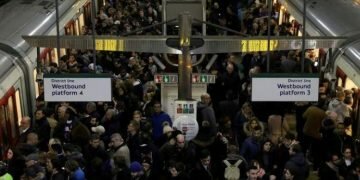 FILE PHOTO: FILE PHOTO: A general view of a busy westbound platform during an evening of signal failures at Earls Court tube station in London, Britain, January 2, 2019. REUTERS/Kevin Coombs/File Photo