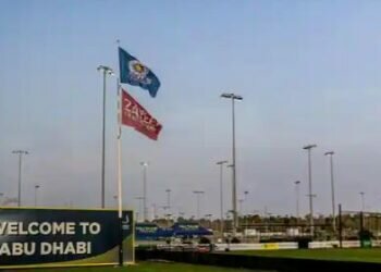 A view of the entrance of Sheikh Zayed Cricket Stadium during a practice session ahead of Indian Premium League (IPL) 2021, in Abu Dhabi. (PTI)
