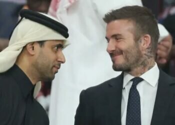 The football star will net £150million after signing a deal worth £15million a year over the next decade, here with its Qatari chief Nasser al-KhelaifiCredit: AFP