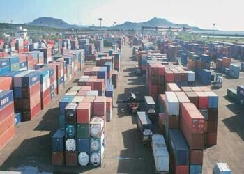 Containers waiting to be loaded at an Indian port