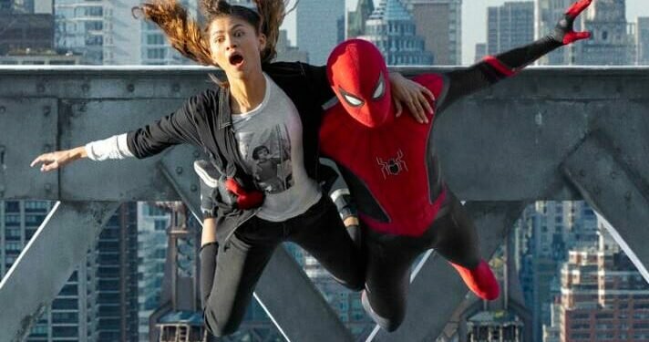 This image released by Sony Pictures shows Zendaya, left, and Tom Holland in Columbia Pictures' "Spider-Man: No Way Home." (Sony Pictures via AP)