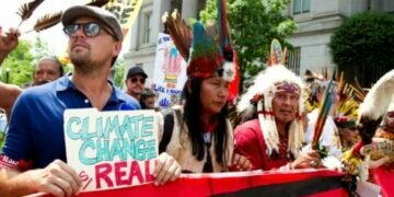 Actor Leonardo DiCaprio, shown here at a 2017 climate change march in Washington, has taken stakes in two alternative meat companies.
