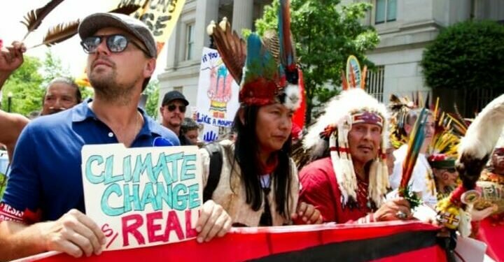 Actor Leonardo DiCaprio, shown here at a 2017 climate change march in Washington, has taken stakes in two alternative meat companies.