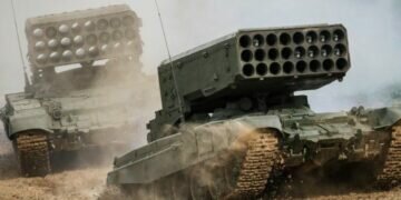 Russia's TOS-1A thermobaric rocket launchers at a defence exhibition in Moscow last year. Image credits - Getty Images