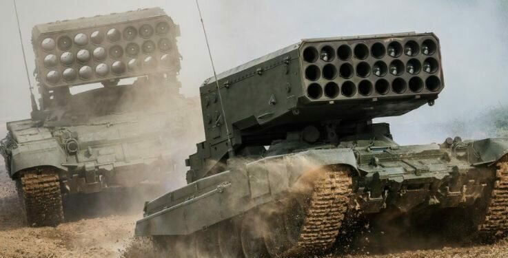 Russia's TOS-1A thermobaric rocket launchers at a defence exhibition in Moscow last year. Image credits - Getty Images