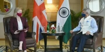 The foreign secretary, Liz Truss, and India's foreign minister, S Jaishankar, in New Delhi. Photograph: @drsjaishankar/Twitter/Reuters