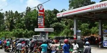 Dispensing fuel from Ceylon Petroleum Corporation (Ceypetco) filling stations