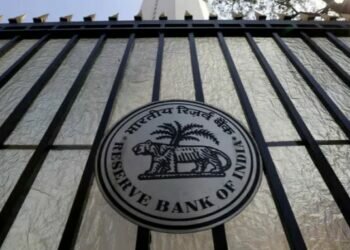 The Reserve Bank of India seal is pictured on a gate outside the RBI headquarters in Mumbai