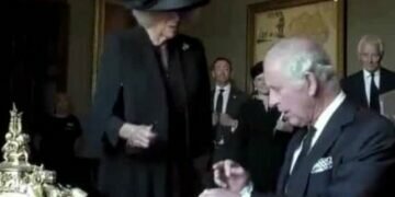 Screengrab of video with King Charles III showing displeasure over a leaking pen