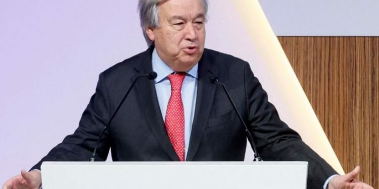 UN chief Antonio Guterres speaks in Doha, Qatar on March 5, 2023.. Image credits - Karim Jaafar/AFP/Getty Images