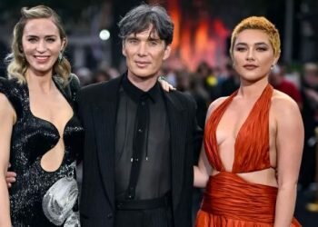 Actors Emily Blunt (L), Cillian Murphy (centre) and Florence Pugh (R) at the premiere of Oppenheimer. Image credits - Getty Images.