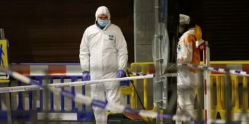 Belgian police officers search for evidence